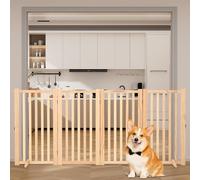Freestanding Pet Gate Indoor 4-Panel Wooden Stair Gate for Small and Medium Dogs, 91cm Tall Foldable Dog Fence with 2 Support Feet,Pets Door for Doorways/Stairs/Halls/Kitchen, Natural