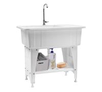 Freestanding Plastic Laundry Sink, Utility Sink Tub with Faucet & Washboard Soap Grooves, for Washing Room Basement Garage Garden, White（82 * 57 25cm）