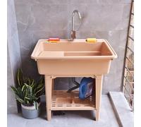 Freestanding Plastic Laundry Sink with Washboard, Drain Kit, Hot & Cold Faucet for Utility Room, Garage Cleaning