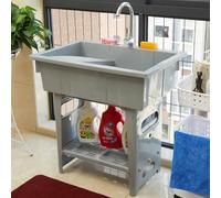 Freestanding Plastic Laundry Sink with Washboard, Portable Utility Sinks Tub with Faucet, Hand Wash Station with Hoses and Drain Kit, for Washing Room, Basement, Garage, Garden(Grey)