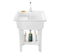 Freestanding Plastic Laundry Sink with Washboard, Utility Hot and Cold Faucet, Garden Sink, Hoses Drain Kit Stainless Steel Faucet for Garage Basement
