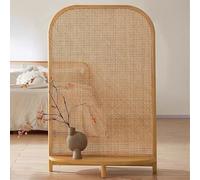 Freestanding Rattan Room Divider with Storage Shelf, Solid Wood Partition for Enhanced Privacy and Organization in Office, Home, Dorm