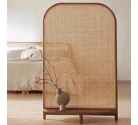 Freestanding Rattan Room Divider with Storage Shelf, Solid Wood Partition for Enhanced Privacy and Organization in Office, Home, Dorm