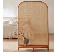 Freestanding Rattan Room Divider with Storage Shelf, Solid Wood Partition for Enhanced Privacy and Organization in Office, Home, Dorm
