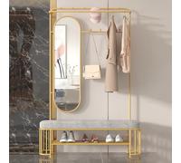 Freestanding Shoe Coat Rack with Mirror - Entryway Storage Bench, Hooks & Shelf for Small Spaces, Hallway, Bedroom, Mudroom, Living Room (Grey, 100cm)