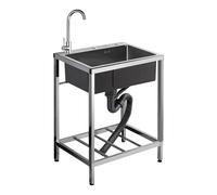 FreeStanding Single Bowl Kitchen Sink,Mobile Stainless Steel Utility Wash Basin Sink,Outdoor Garden Camping Sink,with Pull-out Cold Hot Water Faucet and shelf