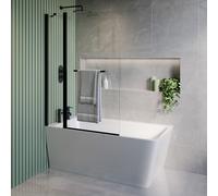 Freestanding Single Ended Left Hand Corner Shower Bath with Black Bath Screen with Fixed Panel & Towel Rail 1500 x 740m