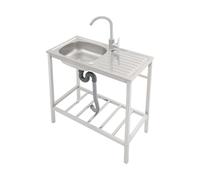 Freestanding Stainless Steel Kitchen Sink, Single Bowl Outdoor Sink with Tap & Drain, Portable Laundry Sinks with Storage Shelf, Commercial Kitchen Washing Station Restaurant Prep Sink for Garage