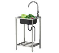 Freestanding Stainless Steel Outdoor Utility Sink - Mobile Single Bowl With Hot & Cold Tap, Ideal For Garden, Indoor/Outdoor Use, Portable Commercial Sink-Hot Cold Style-60x45x82cm