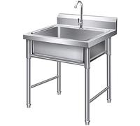 Freestanding Stainless Steel Single Bowl, Commercial Restaurant Kitchen Sink Set with Faucet and Drain Plate, Utility Vanity Basin with Stand for Indoor and Outdoor