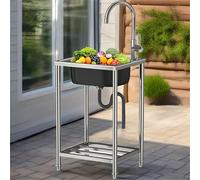 Freestanding Stainless Steel Single Bowl Kitchen Sink Mobile Outdoor Camping Sink Portable WashBasin Multifunctional Commercial Sinks with Cold and Hot Water Pipe and Storage Shelf for Laundry Garage