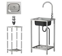 Freestanding Stainless Steel Sink, Commercial Kitchen Sink Single Bowl Outdoor Camping Sink with Stand, Mobile Portable Sink with Faucet, for Kitchen Laundry Garage Restaurant