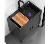 Freestanding stainless steel sink with cabinet base, featuring a wooden main cabinet design. Suitable for kitchen and outdoor environments. Floor-mounted installation.(Black,60x45cm/23.62x17.72in)
