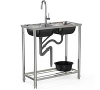 Freestanding Stainless Steel Sinks, Commercial Kitchen Sink Double Bowl Outdoor Camping Sinks with Stand, Mobile Portable Sink with Faucet, for Kitchen Laundry Garage Restaurant