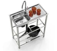 Freestanding Stainless Steel Utility Sink, Large Outdoor Kitchen Sink with Workbench, Mobile Single Bowl Wash Basin for Camping, Commercial Use with Hot & Cold Water (Hot Cold Style 100x50x82cm)