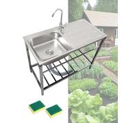 Freestanding Stainless Steel Utility Sink Outdoor Garden Kitchen Sink Single Bowl Commercial Restaurant Sinks Set with Faucet for Backyard Camping Garage Laundry Room Easy to Wash(75x40xH75cm)