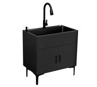 Freestanding Stainless Steel Utility Sink with Pull-Down Faucet & Storage Cabinet, Modern Multifunctional Sink Combo for Laundry Room, Garage, Mudroom, Bathroom & Commercial Spaces,Black,75x45x78cm