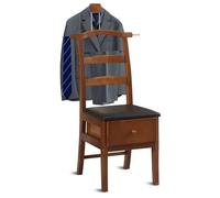 Freestanding Suit Stand with Cushioned Seat, Wooden Valet Stand with Drawer and Tray, Clothing Rack with Contour Hanger and Trouser Bar for Living Room or Office