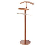 Freestanding Suit Valet Stand with Tray - Elegant Rose Gold & Wood Coat Rack for Hallway Changing Room & Hotel Suite - Contour Hanger & Trouser Bar 48.3x32x122cm
