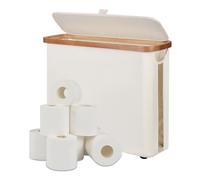 Freestanding Toilet Paper Holder with Bamboo Lid, 30L Toilet Roll Storage Box & Organiser for 12 Rolls, Space-Saving Bathroom Storage Basket (Beige)