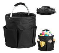 Freestanding Tool Basket, Garden Tools Bag, Foldable Storage Box, Bucket Tool Bags, 1 Main Compartment with 6 Outer Pockets, Storage Basket for Camping, Day Travel, Hiking (Black)