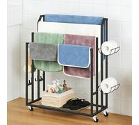 Freestanding Towel Rack Stand Black Towel Drying and Display Rack with Wheels, Indoor Outdoor 4 Tier Blanket Ladder Holder with Shelves, 6 Metal Hooks for Bathroom, Pool, Living Room