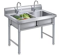 Freestanding Utility Sink, Compact Double Bowl Stainless Steel Sink with Faucets & Stable Stand, Commercial Grade Wash Station for Apartment, Small Kitchen, Laundry, Garage