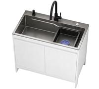 Freestanding Utility Sink with Cabinet, 304 Stainless Steel Kitchen Sink Unit with Honeycomb Aluminium Board, Single Bowl with Mobile Basin, Hot & Cold Tap, Soap Dispenser, Waste Kit 80cm