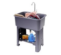 Freestanding Utility Sink with Faucet and Washboard, Plastic Laundry Tub for Room Bathroom Kitchen, Space Saving, Grey
