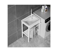 Freestanding Utility Sink with Hot Cold Water Faucet, Single Bowl Laundry Tub for Kitchen Garage Garden, Movable Outdoor Sink Station with Drain Strainer and Storage Shelf