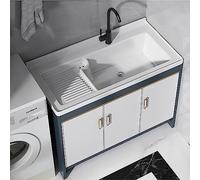 Freestanding Utility Sink with Vanity Cabinet, Ceramic Sink, Faucet - Indoor/Outdoor Handwashing Station for Bathroom, Laundry, Garage