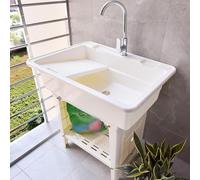 Freestanding Utility Sink with Washboard, Laundry Sink, Portable Plastic Basin with Drain Kit, Hot and Cold Faucet for Basement, Utility Room and Garage Cleaning(White,80 * 56 * 80cm)