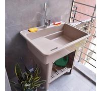 Freestanding Utility Sink with Washboard, Laundry Sink, Portable Plastic Basin with Drain Kit, Hot and Cold Faucet for Basement, Utility Room and Garage Cleaning(Brown,65 * 56 * 80cm)