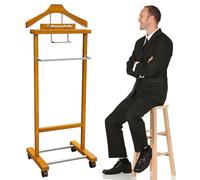 Freestanding Valet Stand - Solid Wood Suit Rack with Trouser Bar and Tie Rack - Sturdy Rollers for Bedroom, Entryway & Living Room Organization