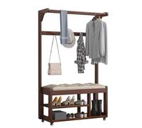 Freestanding Wooden Coat Rack with Shoe Bench - 2-Tier Shoe Storage & 3 Hooks, Wheeled for Easy Mobility, Perfect for Entryway & Hallway nization