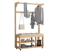 Freestanding Wooden Coat Rack with Shoe Bench - 2-Tier Shoe Storage & 3 Hooks, Wheeled for Easy Mobility, Perfect for Entryway & Hallway nization
