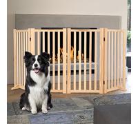 Freestanding Wooden Dog Gate 4-Panel Folding Pet Barrier Indoor, Sturdy Pine Wood Freestanding Dog Fence, Expandable Safety Puppy Playpen for Doorway Hallway Stairs, Foldable Portable Pet Containment