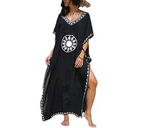 FreestyleMo Women's Elegant Beach Poncho Ethnic Print Loose Kaftan Smock Summer Maxi Dress, Schwarz-1, One Size