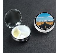Freeway Highway Road in The Desert Pill Box 3 Compartment Waterproof Pill Container with Mirror Metal Medicine Box Organizer Portable Vitamin Case for Pocket & Purse Travel - Round
