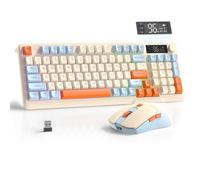FREEWOLF T96 Wireless Keyboard and Mouse Combo, Bluetooth & 2.4G Modes, PBT Keycaps, Media Knob, Display Screen, Silent Keys, 26-Key Anti-ghosting, 2000mAh & 500mAh, for Mac/Windows/Linux - Blueberry