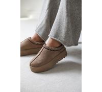 Where's That From Allegra Flatform Embroidered Low Ankle Slipper Boots in Camel Suede - 8 - Camel