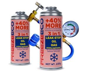 FreezeECO 3pcs SET: 2x 3in1 LeakStop/Oil/Gas 235g Type A + Pressure Hose 15/30cm FE Type A [R134a/R12 equivalent - Cars 1995-2016] Type A (11.5mm) 470g