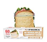 Freezer Bags Zip Lock Sandwich Storage Ziplock Fridge Bag Reusable Resealable Clear Plastic Toaster Zipper Pouches With Expandable Bottom Seal Snacks Keeps Food Fresher For Longer 16.5 X 15Cm (60 Pk)