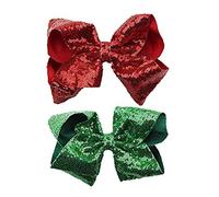 FREEZH Party Hair Bows Clips 2Pcs Large Bling Sparkly Glitter Sequins Alligator Nylon Mesh Ribbon Bowknot Hairpins For Women Girls Kids Christmas Red Green