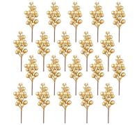 Frefgikty 20 Pc Artificial Berry Stems, 7.5 Inches Christmas Glitter Berries Stems,Artificial Christmas Picks for Xmas Tree(Gold)