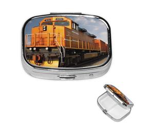 Freight Train Pill Box 2 Compartment Medicine Pill Organizer Square Pill Case for Purse & Pocket Travel Pillbox Portable Metal Medicine Vitamin Fish Oil Organizer Unique Gift