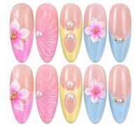 French 3D Floral Luxury Press-On Nails Almond Shape with Pearl Tips - Premium Reusable Artificial Nails Set for Parties & Weddings, Includes 12 Sizes & Application Tools, Eco-Friendly & Odour-Free