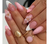 French Almond Glossy Press On Nails with 3D Floral and Gold Beads - 24Pcs Long Pink White Nail Tips, Reusable Art Decorations for Wedding Party Occasions, False Manicure Kit for Women