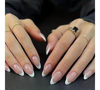French Almond Press-On Nails with Crisp White Tips and Glossy Finish - 24PCS Reusable Full Cover False Nail Extensions for DIY Manicure, 12 Sizes for Women, Almond Shape for Elegant Touch