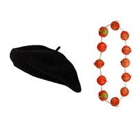 French Beret Fancy Dress Costume Set & Red Onion Necklace Garland World Book Day (BLACK BERET & ONION)